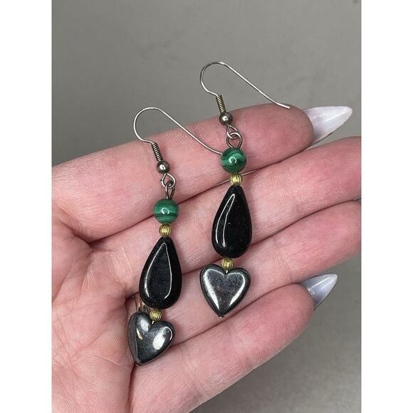 Hematite Heart Dangle Earrings Silver Wire Pierced Beaded 2.25in - Picture 1 of 3